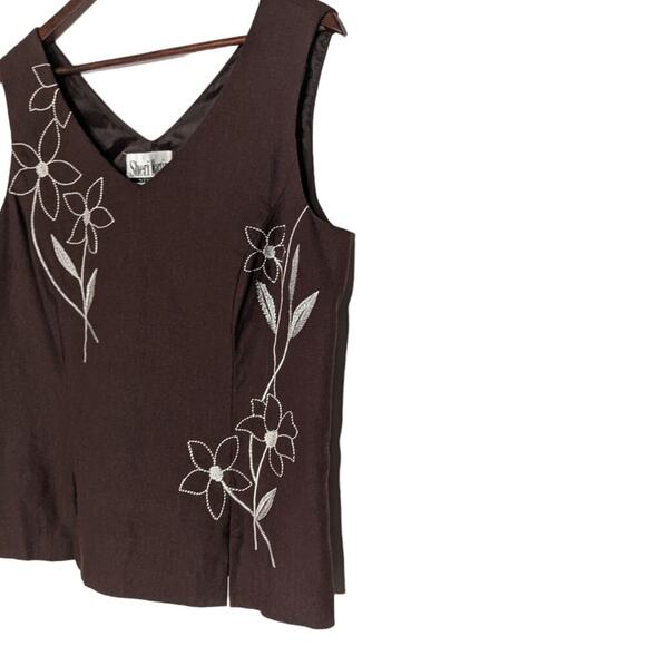VTG 90s Brown Linen Sleeveless Floral Embroidered Crop Blouse Tank Neck Boho 14 - Picture 2 of 8